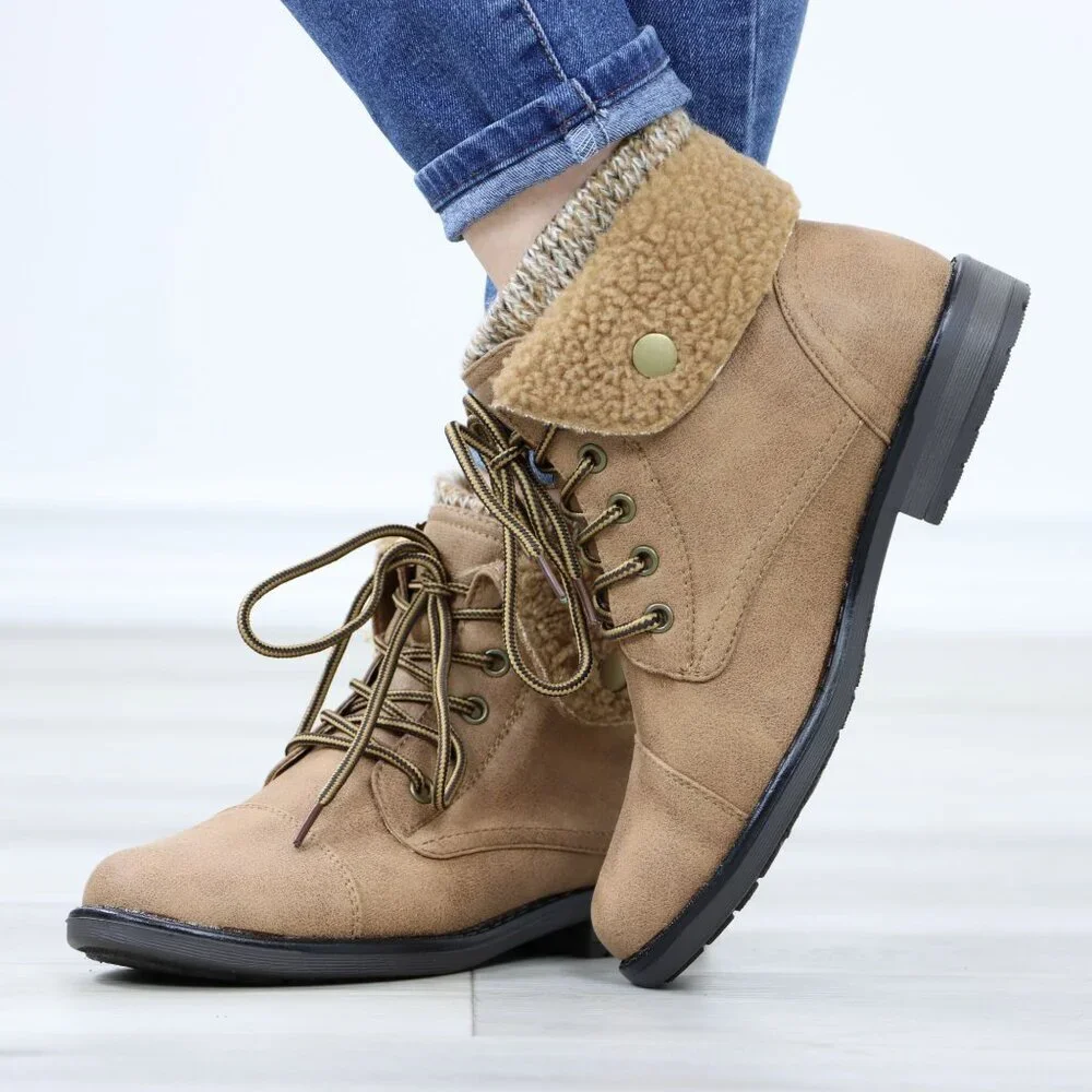 Sherpa Ankle Lined Combat Flat Heel Ankles Boots Tan Faux Leather - Picture 8 of 12